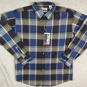 Vintage Key Elements 90's Button Shirt Plaid Blue Grey Long Sleeve Sz‎ Large NOS